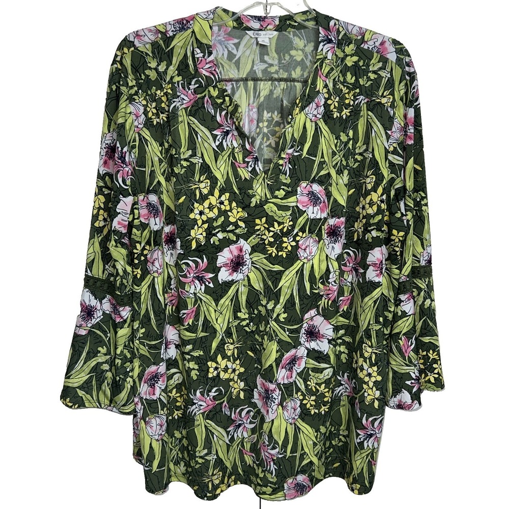 CATO Women's Floral Swing Top Size XL  Bell Sleeve w/ Lace 3/4 Sleeve Floral  C2